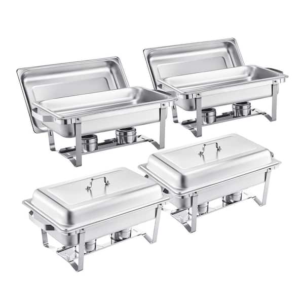 Chafing Dish Buffet Set, 4 Pack of 8 Qt Stainless Steel Trays, Rectangular Food Warmer with Lid, Water Tray, Fuel Holder