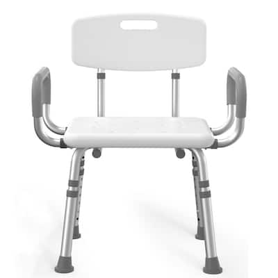 Aluminum Shower Chair in White with Arms and Back, Height Adjustable Safety Shower Seat for Elderly and Disabled