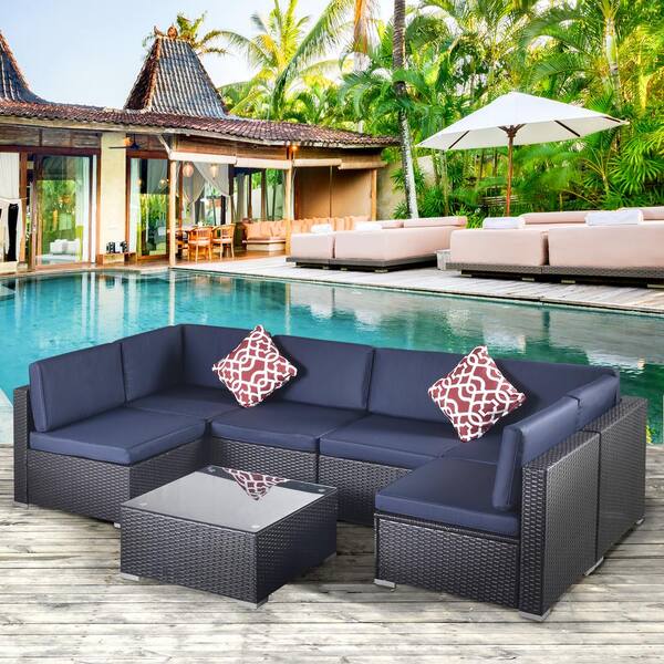 Nestfair Black 7Piece Wicker Outdoor Sectional Set with Dark Blue Cushions LS0044W213 The