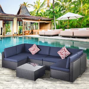 Black 7-Piece Wicker Patio Furniture Set Sofa Set Outdoor Rattan Conversation Set with Table & Pillow, Navy Blue Cushion