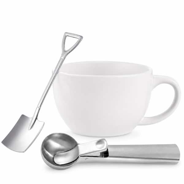 Ceramic Ice Cream Bowl and Stainless Steel Scoop Set 5.11 in. White 3-Piece Dessert Set Dessert Sets