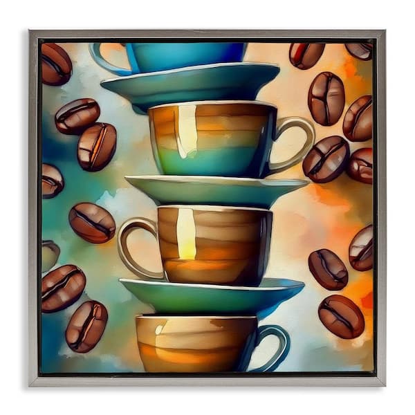 Ceramic Teacups and Coffee by Alina Georgescu Gray Floater Frame Food Graphic Art Print 18 in. x 18 in.