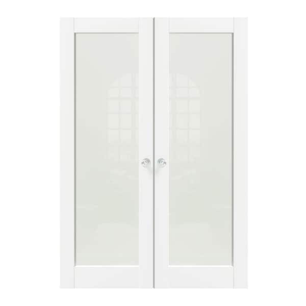 48 in. x 80 in. Composite, MDF Full Lite, Frosted Glass, Primed, White Interior Door Slab with Silver Sphere Doorknob