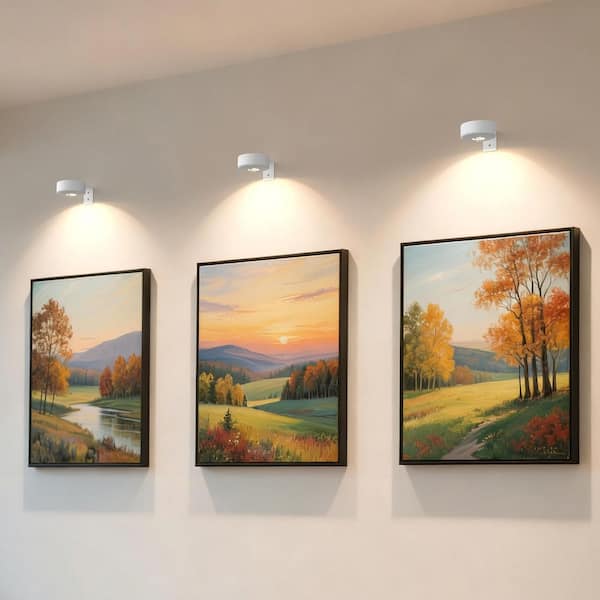 White Round LED Picture Lights, 3 Pack Wireless Wall-Mounted Art Lights, Dimmable with Remote Timer for Paintings