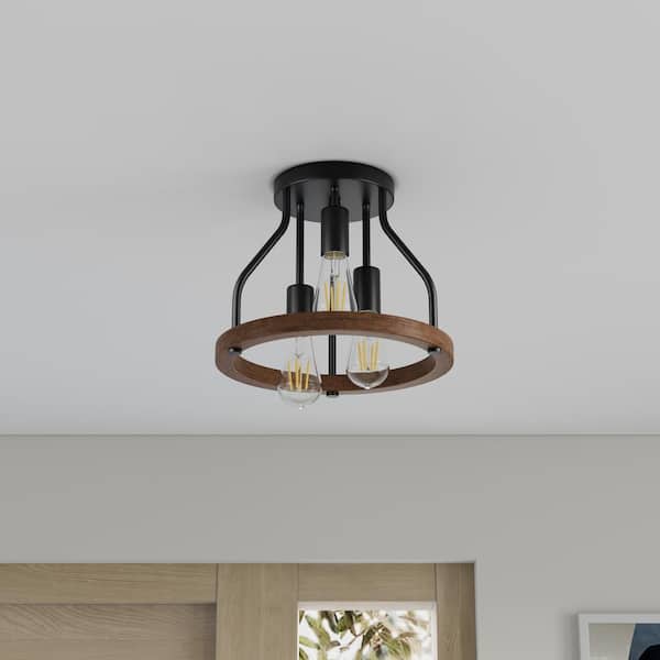 aiwen 12.59 in. 3-Light Black Semi-Flush Mount Ceiling Light