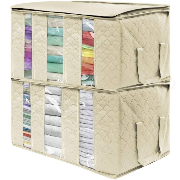 Foldable Storage Bag Organizers with Sections, Window, and Handles, Beige 24 in. x 13 in. Fabric Decorative Box Set of 2
