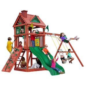 Double Down II Wooden Backyard Swing Set with 2 Wave Slides, Rock Wall, Sandbox, and Play Set Accessories