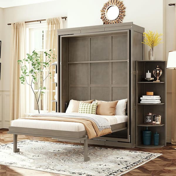 Rotating Design Gray Wood Frame Full Size Murphy Bed with Convertible Desk and 2-Racks, Dual 3-Tier Side Shelves