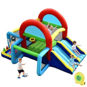 Costzon Inflatable Bounce House Mighty Balloon Double Slide Bouncer with Basketball Hoop Ideal Kids Jumper Climbing Wall Large Jumping Area with 680W Blower 