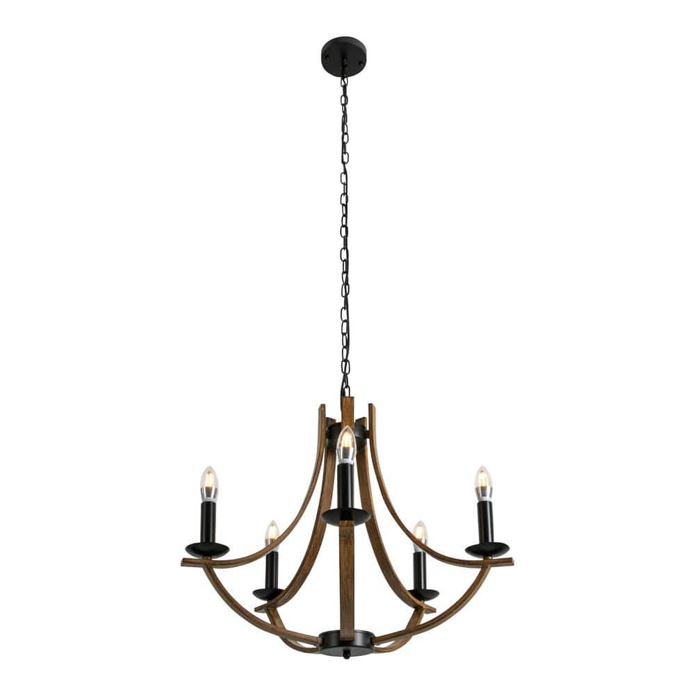 22 in. 5-Light Black and Brown Modern Chandelier for Kitchen Dining Room Bedroom Living Room, No Bulbs Included -  OUKANING, JZUC63-000000NS