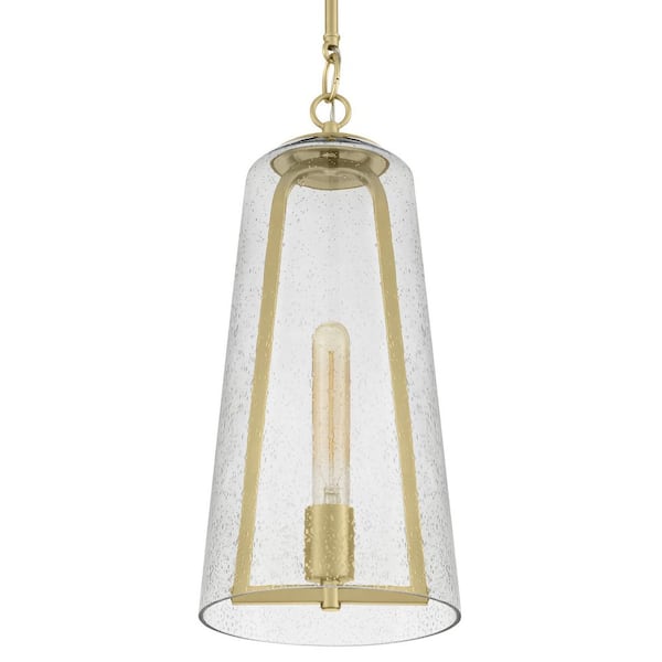 Home Decorators Collection Desmond 60-Watt 1-Light Brushed Gold Pendant with Smoke Seedy Glass Shade