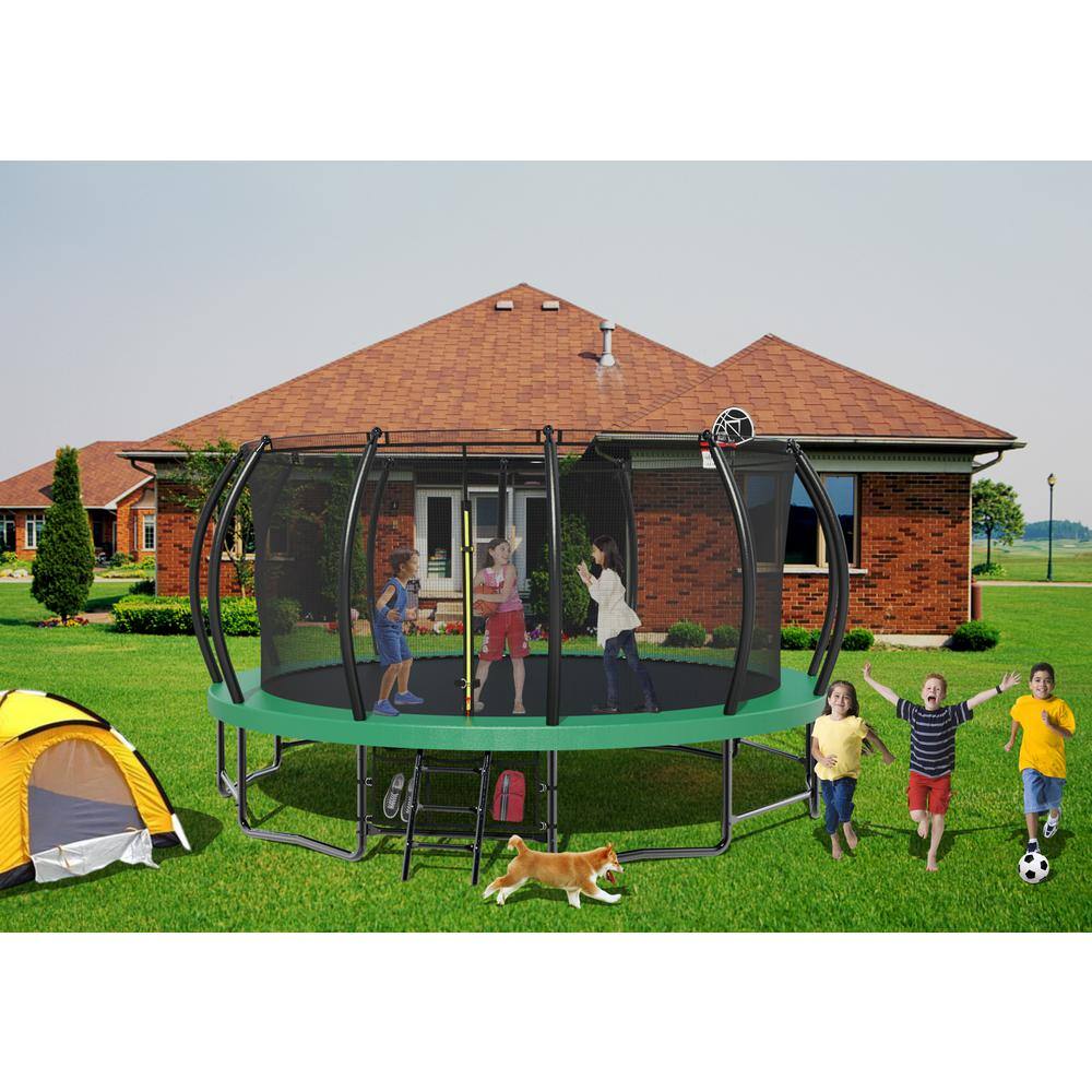 15FT Black and Green Round Trampoline with Enclosure Net and Ladder