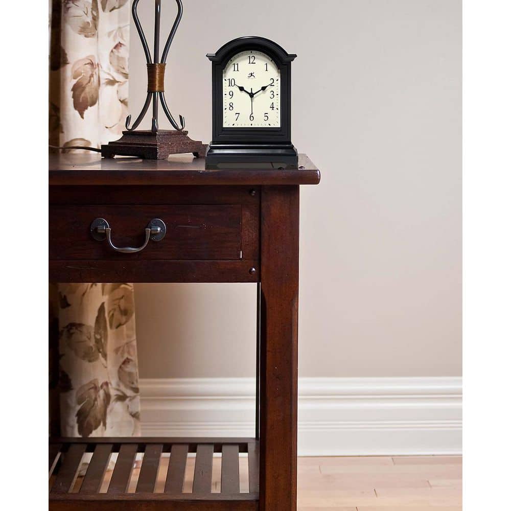 9" Black Plastic Grandfather-Inspired Tabletop Clock with Beige Face