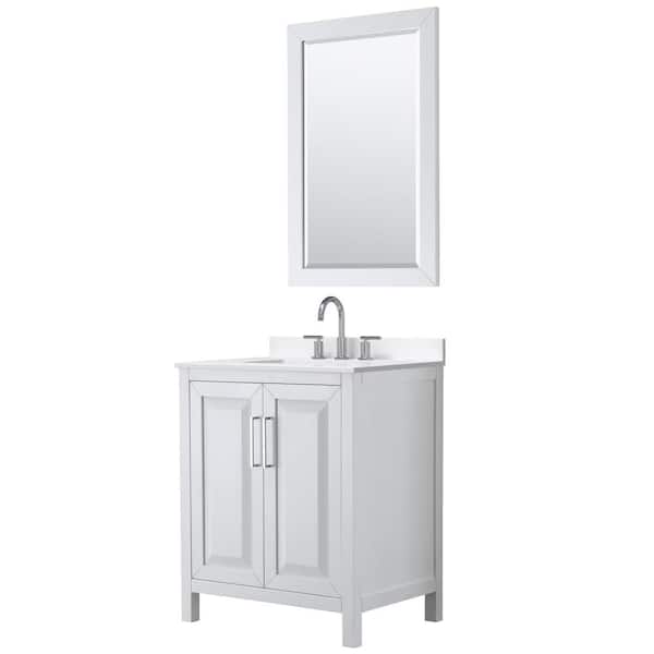 Wyndham Collection Daria 30 in. W x 22 in. D x 35.75 in. H Single Bath Vanity in White with White Quartz Top and 24 in. Mirror