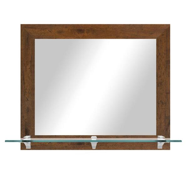 Unbranded 25.5 in. W x 21.5 in. H Rectangle Light Walnut Horizontal Framed Mirror With Tempered Glass Shelf/Chrome Brackets