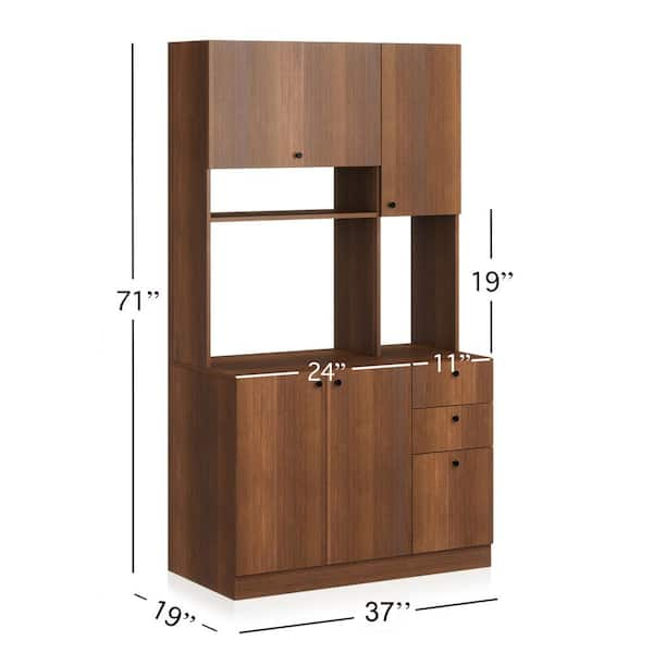 Living Skog Scandi 71 in. Dark Cherry Tall Pantry Kitchen Storage Cabinet Buffet with Hutch for Microwave with Drawers, Brown