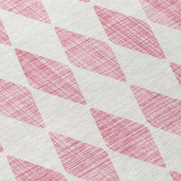 Pink, Ivory 9 ft. x 12 ft. Woven Geometric Polyester Rectangle Indoor / Outdoor Area Rug