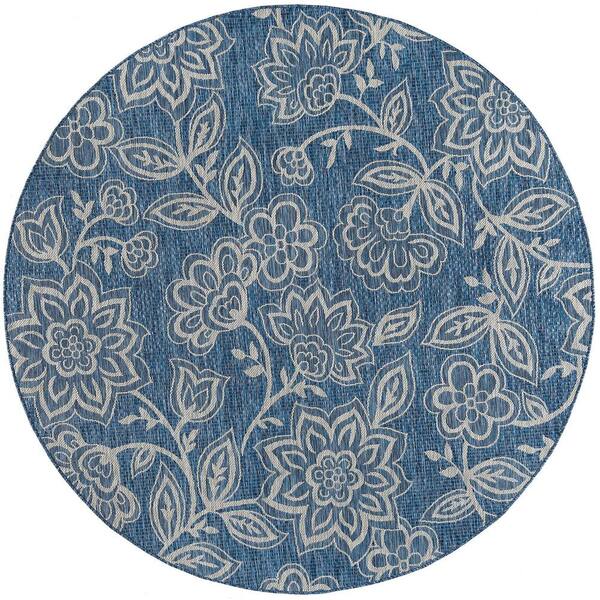 Tayse Rugs Veranda Floral Indigo 8 ft. Round Indoor/Outdoor Area Rug