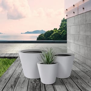 Large, Medium, Small Round Pure White Lightweight Concrete and Weather Resistant Fiberglass Planters (Set of 3)