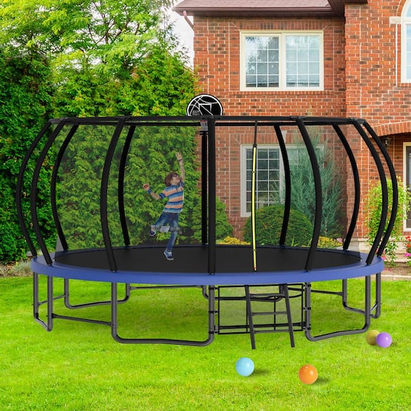 16 ft. Large Pumpkin Type Trampoline with Enclosure in Blue