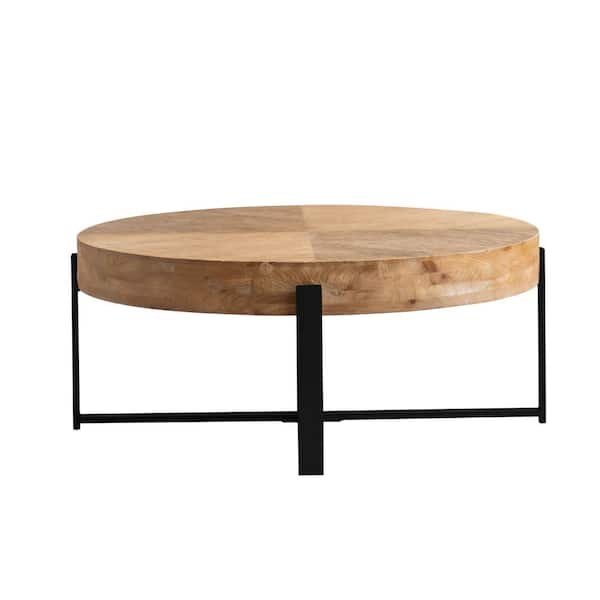 Unbranded 31.24 in. Brown Round wood Modern Retro Splicing Round Coffee Table with Cross Legs Metal Base