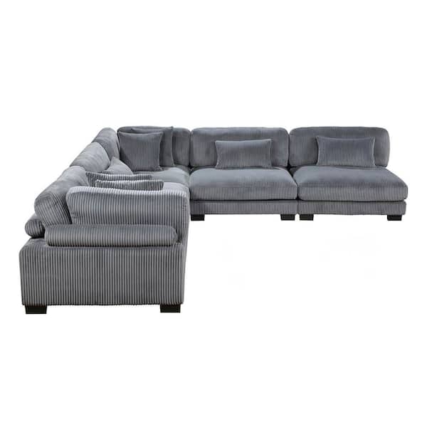 Turbo 135 in. Pillow Top Arm 5-Piece Corduroy Fabric Modular Sectional Sofa in Gray