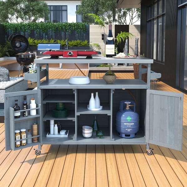 Farmhouse Gray Blue Stainless Steel 50 in. Outdoor Patio Kitchen Island Grill Table Bar Cart with Internal Storage Rack