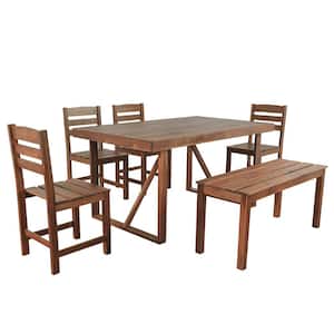 Brown 6-Piece Acacia Wood Outdoor Dining Set with 4-Chairs and 1-Bench for Patio, Balcony, Backyard