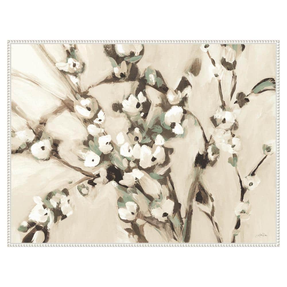 Wild Floral Branches Neutral Canvas Art with White Beaded Frame