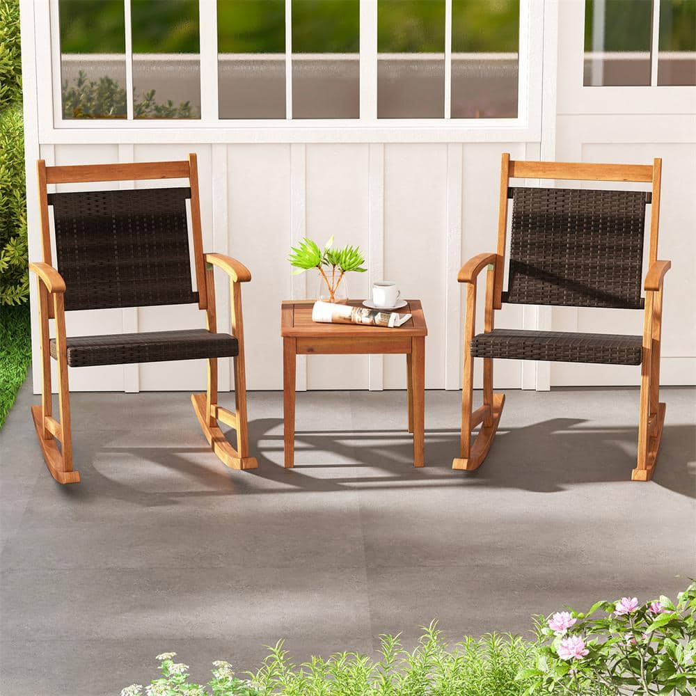 Mix Brown and Natural Acacia Wood Outdoor Rocking Chair Bistro Set