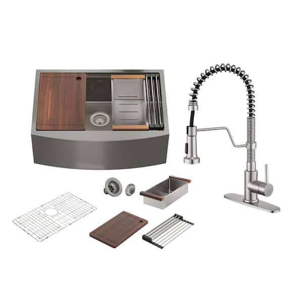 CASAINC 33 in. Farmhouse/Apron-Front Single Bowl 16 Gauge Stainless Steel Workstation Kitchen Sink with Faucet and Accessories