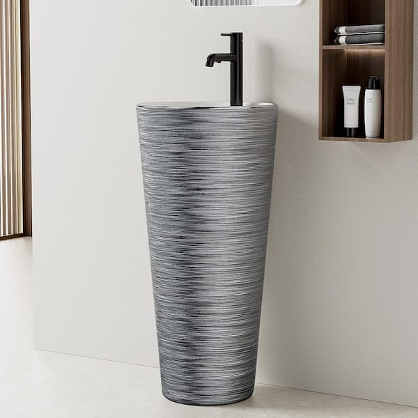 15.8 in. W x 33in. H Luxury Ceramic Round Pedestal Sink and Basin in Brushed Silver