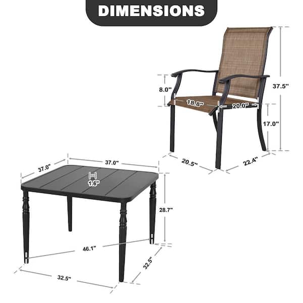 Black 5-Piece Textilene and Metal Square Outdoor Dining Set with Umbrella Hole and Ergonomic Design