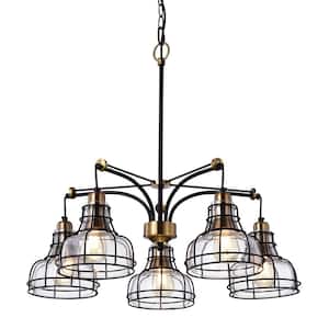 Paris 5-Light Black and Antique Gold Industrial Chandelier with Black Cage and Clear Glass Shades