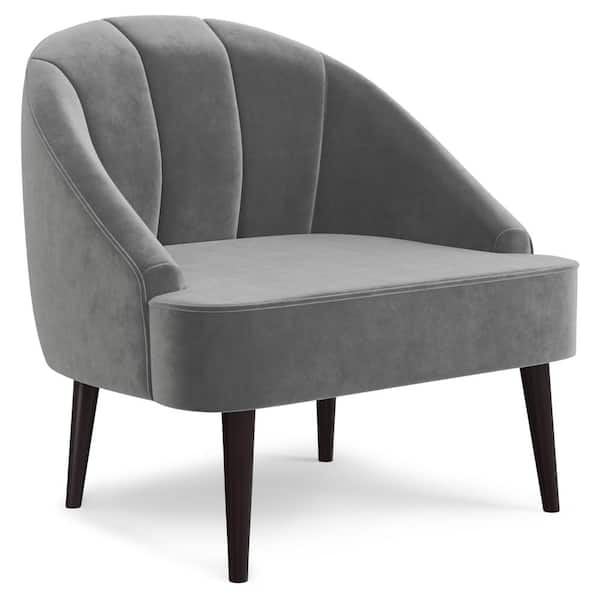 Simpli Home Harrah 33 in. Wide Contemporary Accent Chair in Smoky Grey Velvet fabric