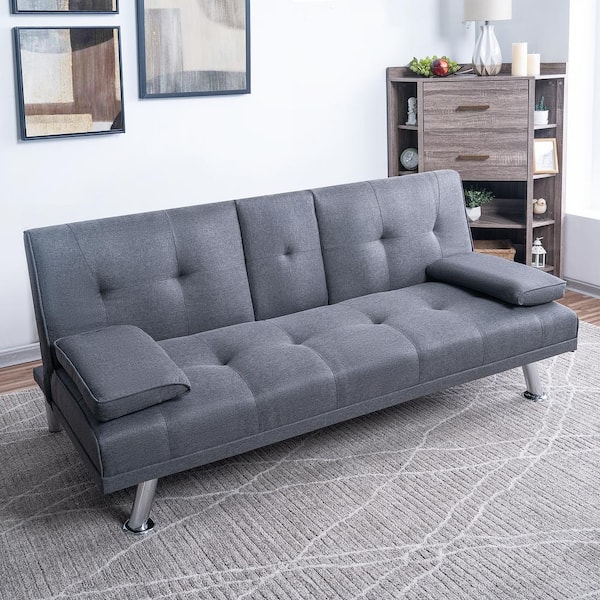 HOMESTOCK Dark Gray, Futon Sofa Bed Linen Futon Couch with Armrest and 2-Cupholders, Sofa Bed Couch Convertible with Metal Legs