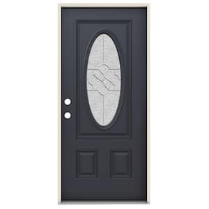 36 in. x 80 in. Right-Hand 3/4 Oval Brevard Glass Black Paint Fiberglass Prehung Front Door w/Rot Resistant Frame
