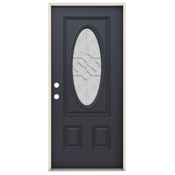 JELD-WEN 36 in. x 80 in. Right-Hand 3/4 Oval Brevard Glass Black Paint Fiberglass Prehung Front Door w/Rot Resistant Frame