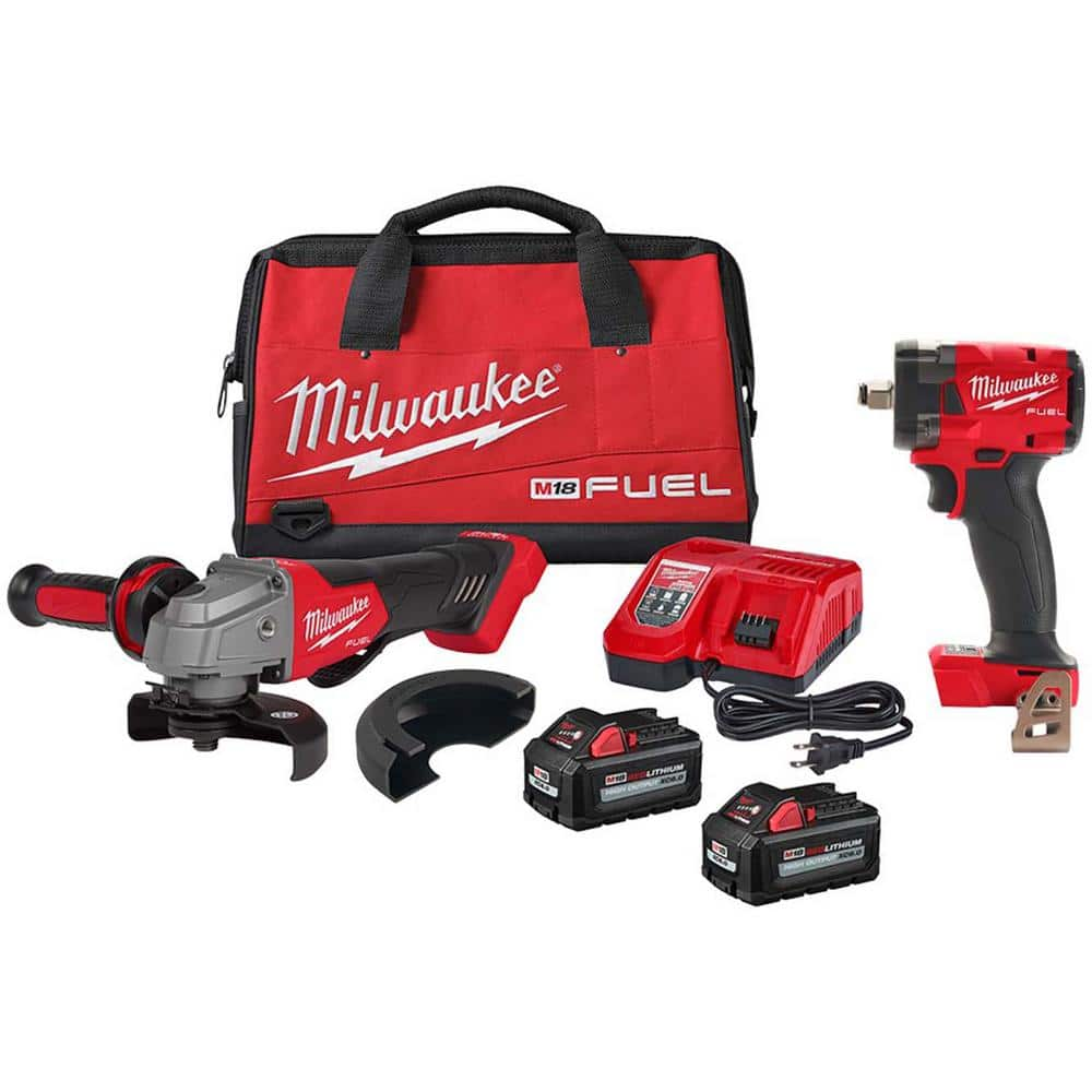 M18 FUEL 18V Lithium-Ion Brushless Cordless 4-1/2/5 in. Grinder, Paddle Switch Kit, 1/2 in. Impact Wrench w/2 Batteries -  Milwaukee, 2880-22-2855