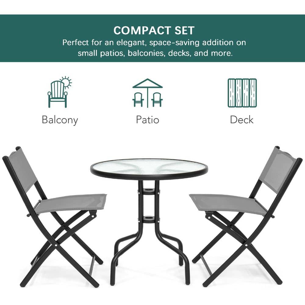 Gray 3-Piece Patio Bistro Set with Glass Tabletop and Folding Chairs