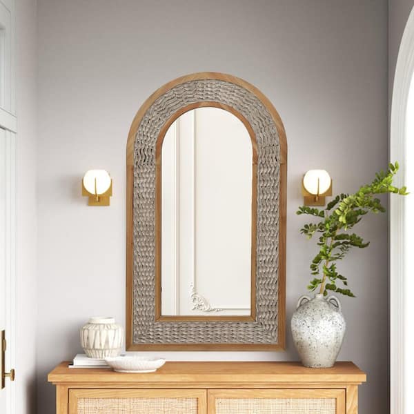 LuxHomez 26 in. W x 46 in. H Bohemian Solid Wood Arched Wooden Frame Country Art Wall Mirror Decorative Mirror