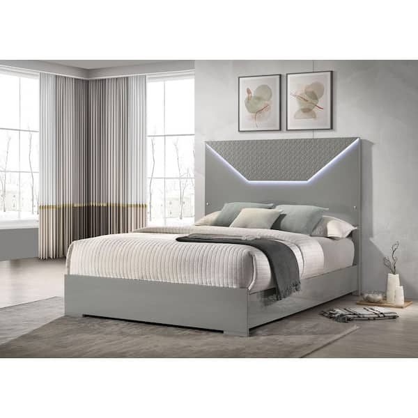 Ives Gray High Gloss Wood Frame Eastern King Panel Bed with Touch LED Light in Headboard