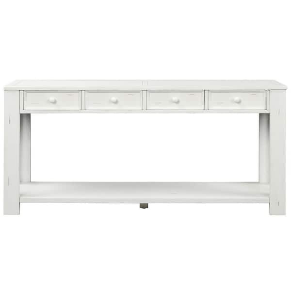 ANBAZAR 64 in. Antique White Standard Rectangle Wooden Console Table with 4-Drawers and Bottom Shelf