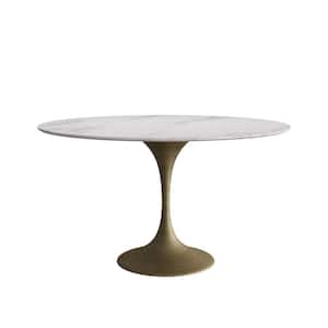 Round White Faux Marble Top Pedestal 53.15 in. Dining Table with Metal Frame Seat 6-Not Included