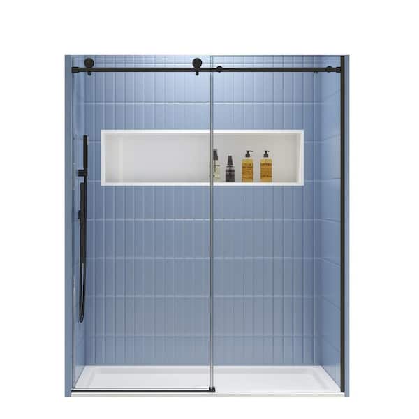 60 in. W x 74 in. H Sliding Semi-Frameless Shower Door in Matte Black Finish with Clear Glass