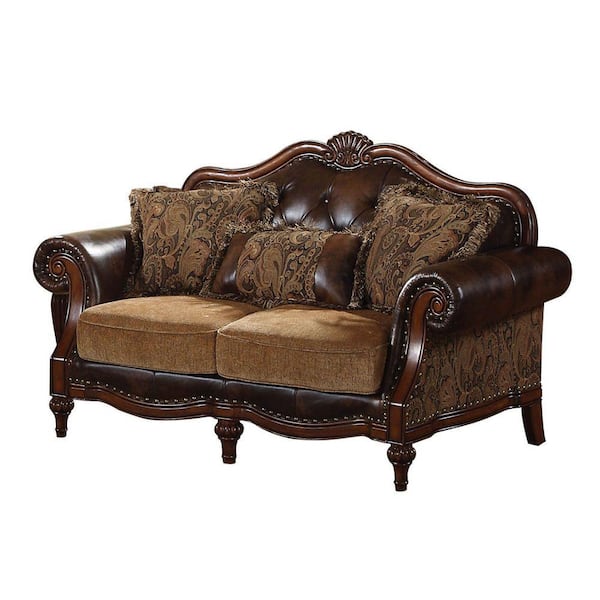 Benjara 37 in. Brown Solid Leather 2-Seater Loveseat With Three Pillows