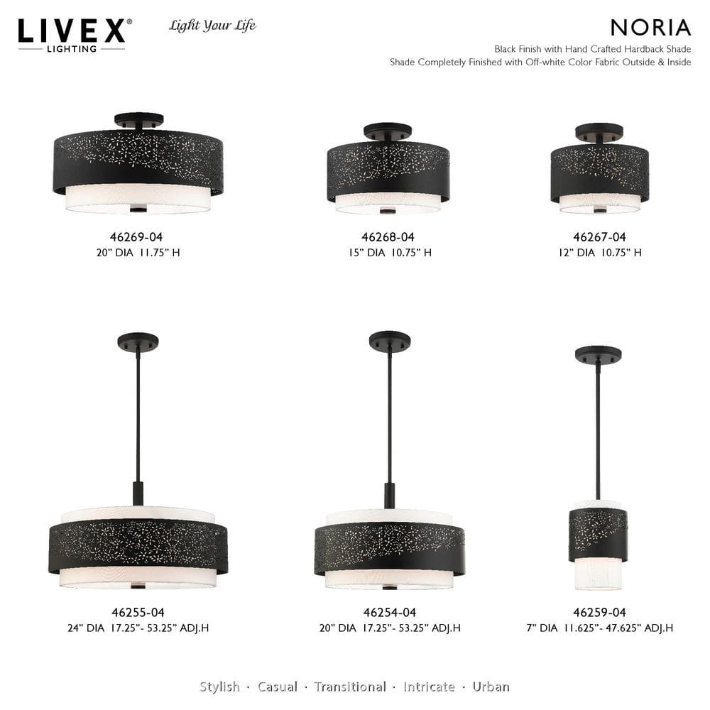 Noria Black Steel Drum Pendant with Off-White Fabric Shade