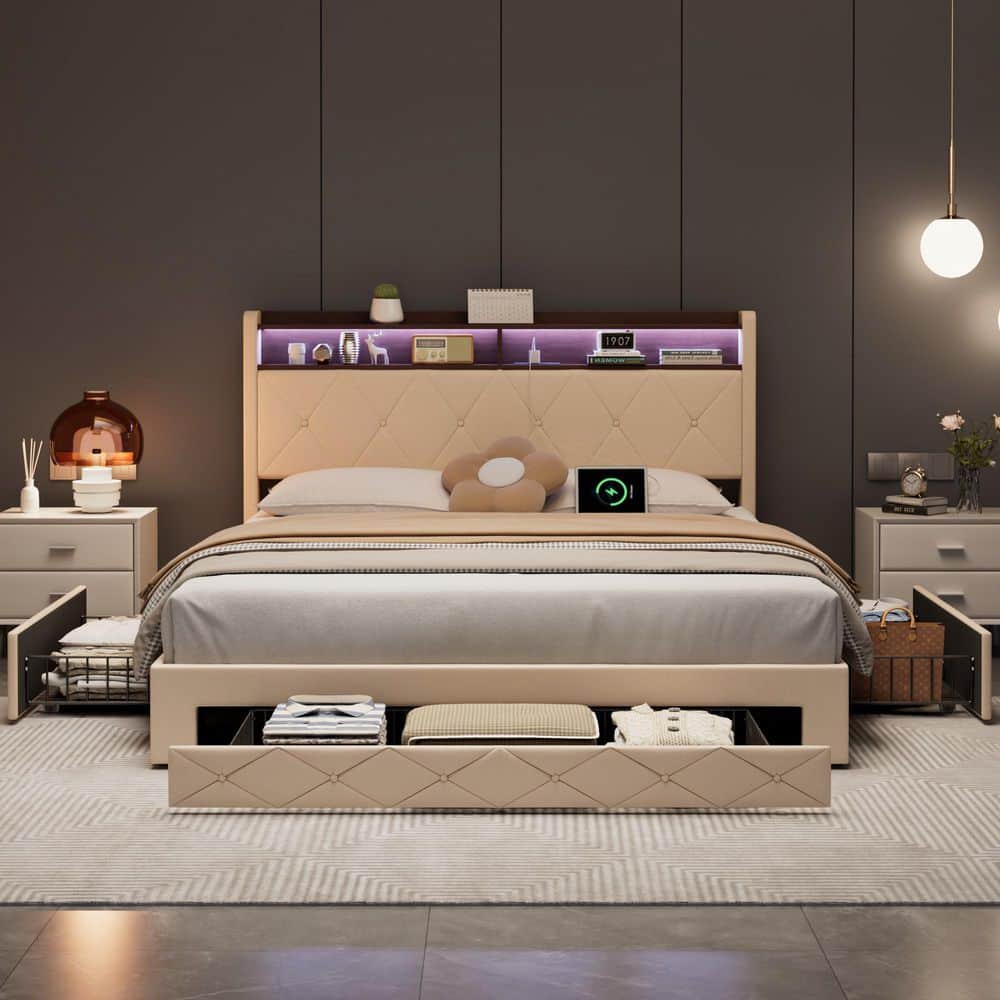 Storage Bed Beige Metal Frame Queen Platform Bed with Power Station, USB Ports and Storage Shelf Headboard, Drawers - thumbnail 7