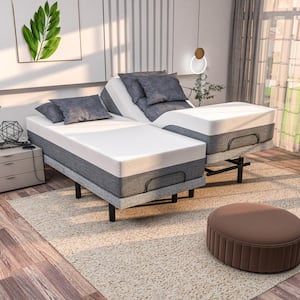 Adjustable Gray King - Split Bed Frame USB, Dual Massage, Head/Foot Incline, Under Bed Light with 14 in. Hybrid Mattress