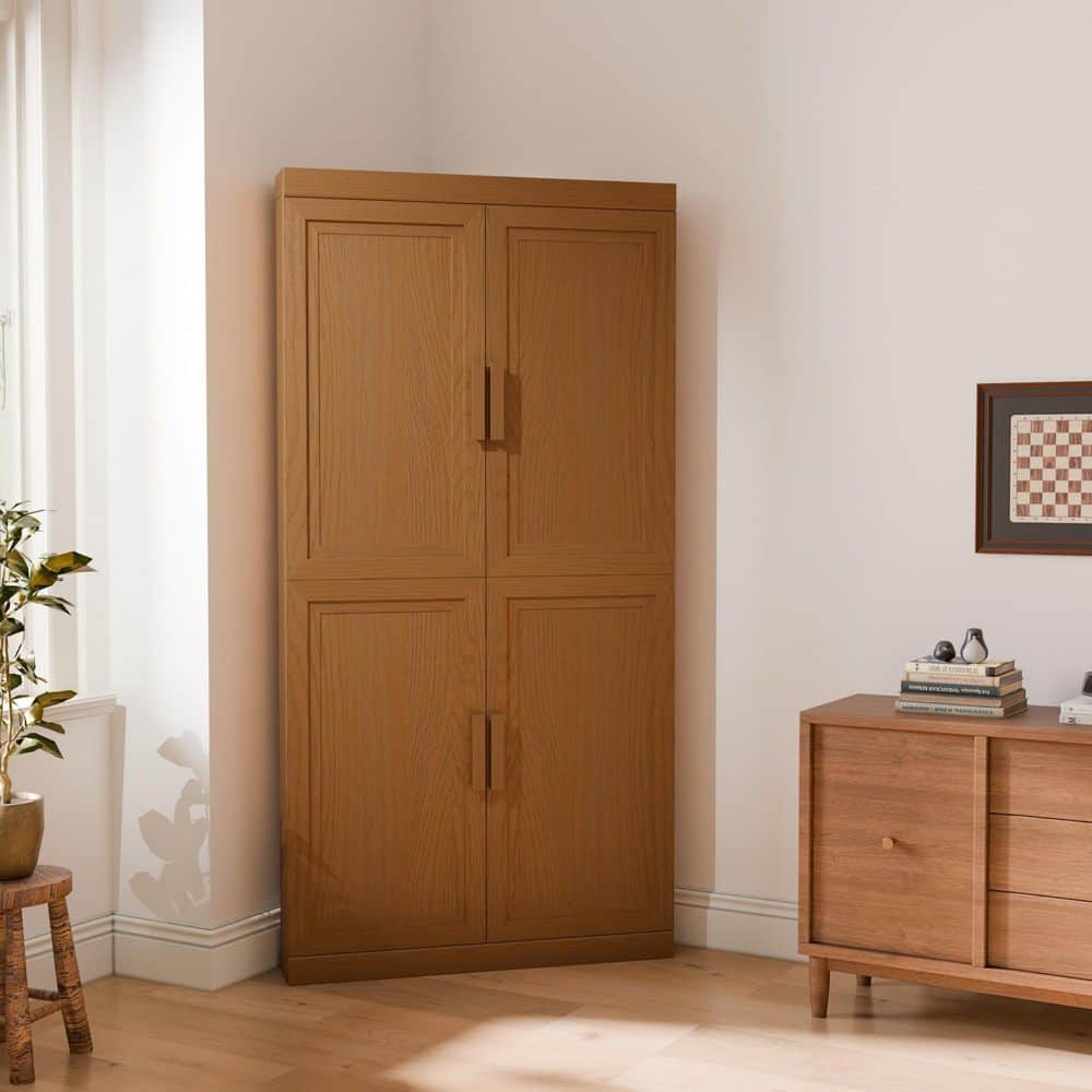 Solid Wood Light Brown 62 in. H Corner Cabinet Storage Cabinet with Adjustable Shelves